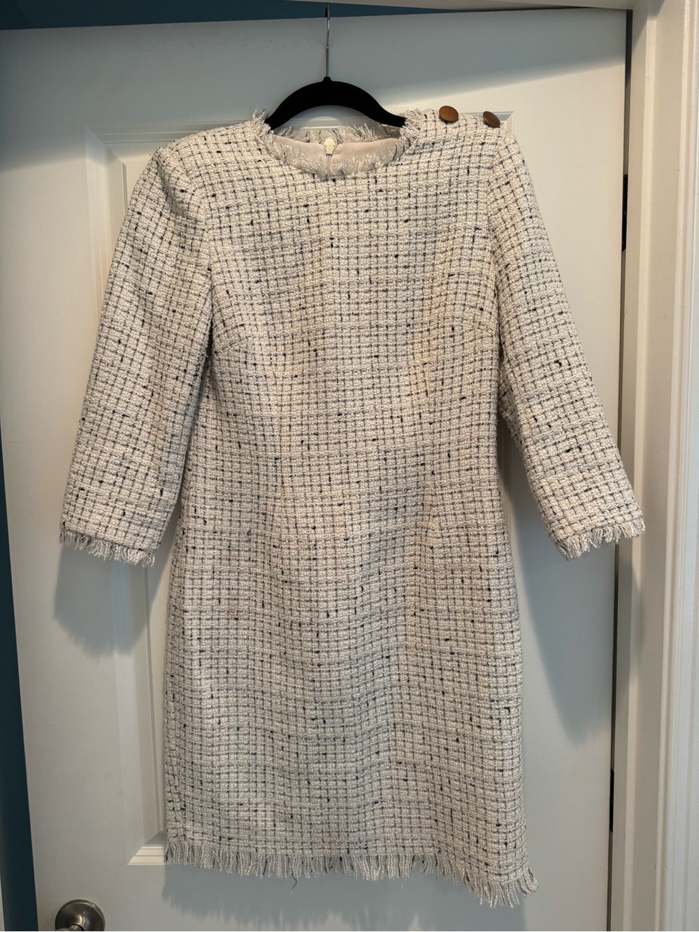 White Tweed Fringe Shift Dress with Button Detail